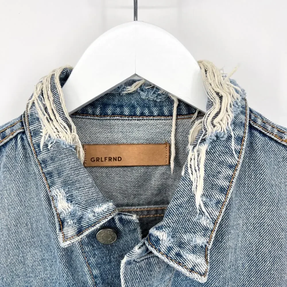GRLFRND Cara Cropped Denim Jacket Women’s Size Small Mary Jane Distressed